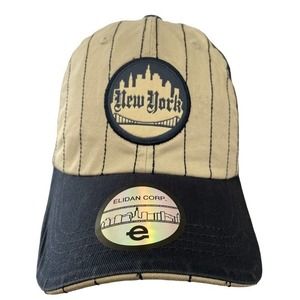 New York City Hat Cityscape Bridge Cream with Blue Pinstripe Strapback Dad‎